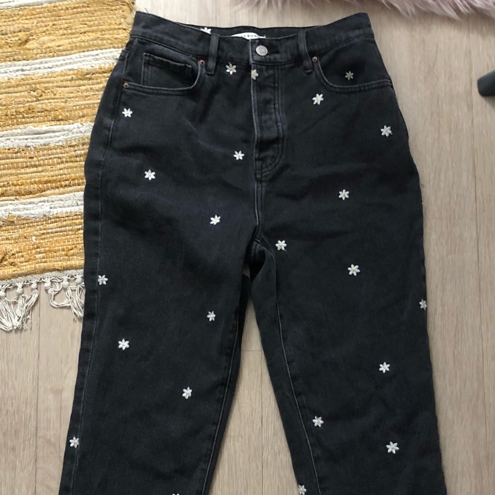 Pac Sun High Rise Straight Embroidered Black Daisy Jeans